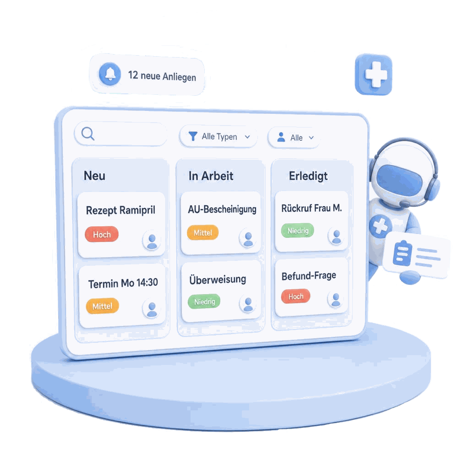 3D-Render: Kanban-Dashboard mit Anliegen-Karten