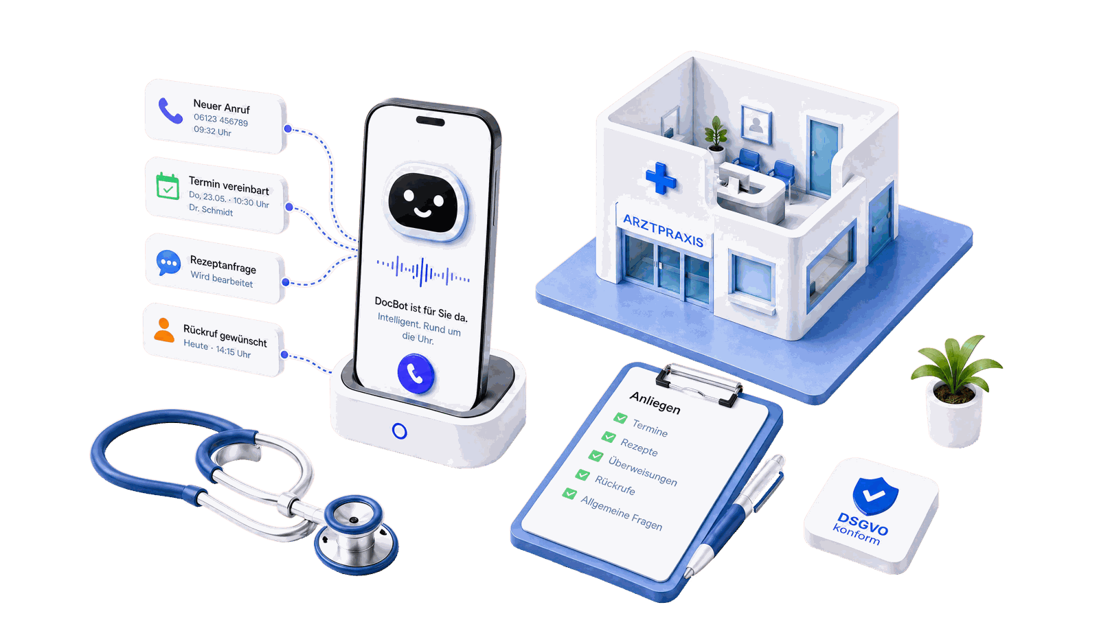 DocBot 3D-Render: Smartphone mit KI-Assistent, Arztpraxis-Modell, Stethoskop, Klemmbrett mit Anliegen-Liste und DSGVO-Badge